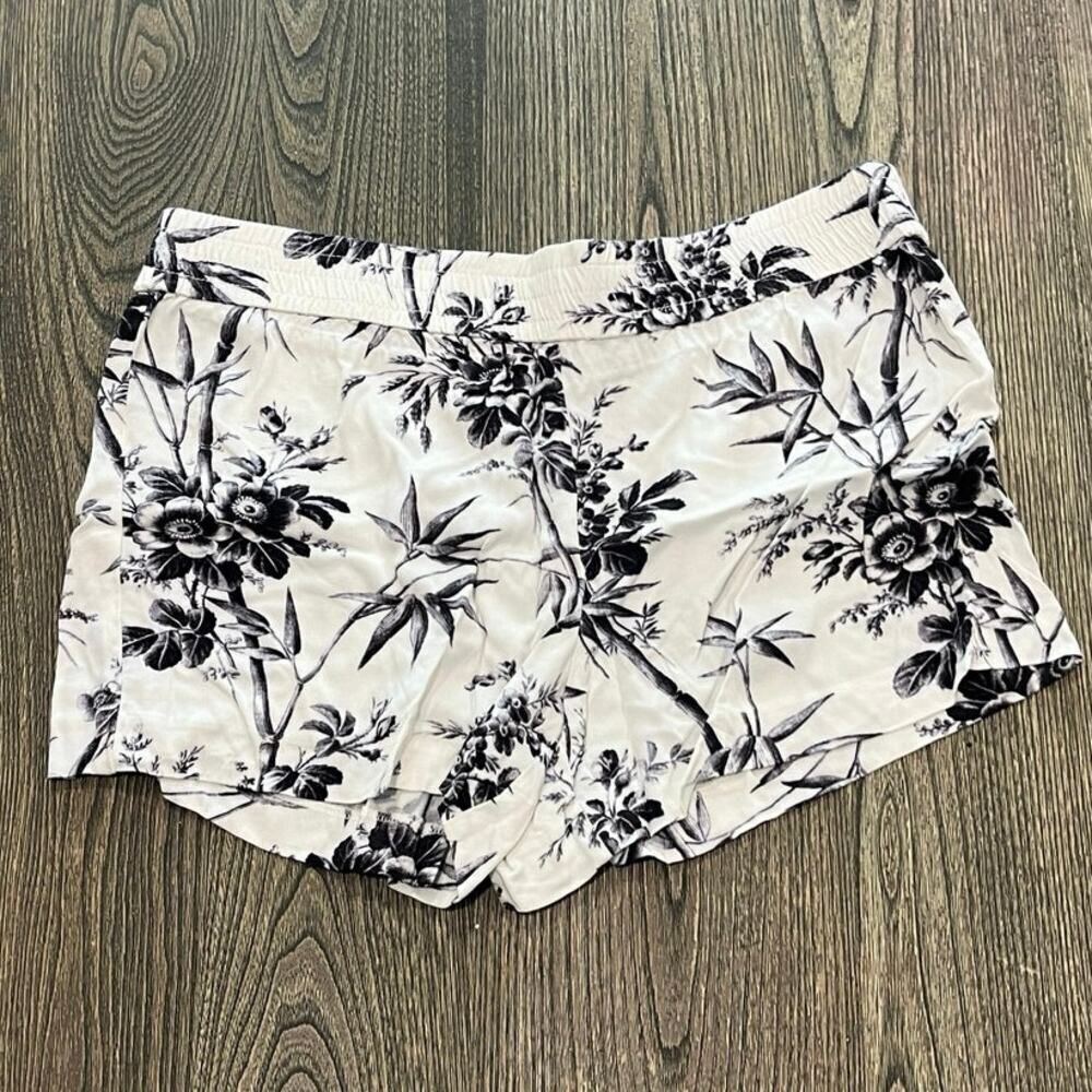 LOFT Womens Tropical Floral Print Shorts Elastic Waist Rayon Black White Size 8